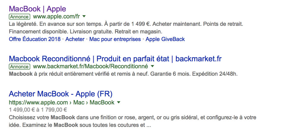 Voici les résultats de la recherche Google : MacBook